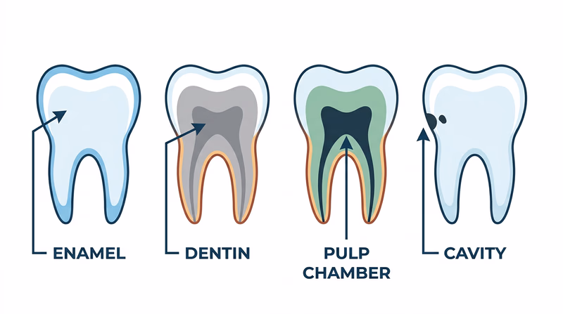 An educational diagram showing how dental radiographs reveal tooth structure, with four simplified tooth cross-sections highlighting enamel, dentin, pulp chamber, and a cavity