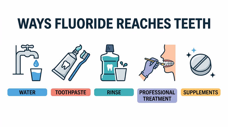 An infographic showing five ways fluoride reaches teeth: water fluoridation, toothpaste, mouth rinse, professional treatment, and supplements