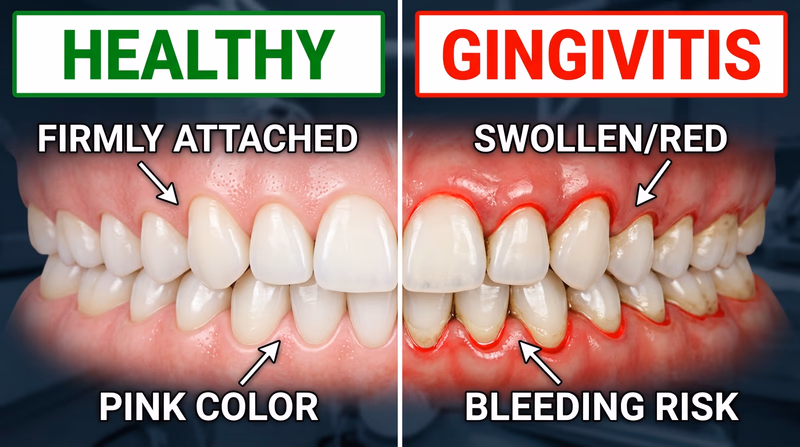 A comparison showing healthy gums on the left β pink, firm, and fitting snugly around teeth β versus gums with gingivitis on the right β red, swollen, and slightly pulled away from the teeth