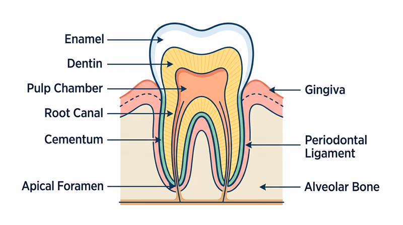 A clean cross-section diagram of a lower molar tooth showing labeled parts: enamel, dentin, pulp chamber, root canal, cementum, apical foramen, gingiva, periodontal ligament, and alveolar bone
