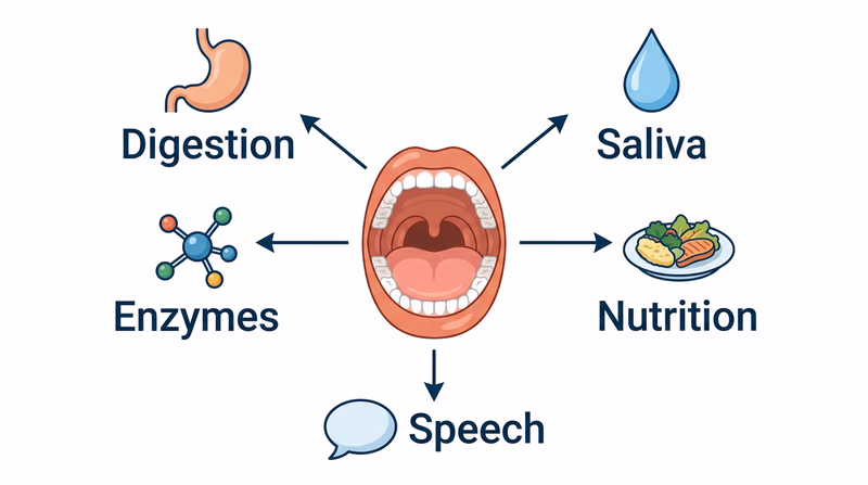 A diagram showing a central mouth illustration with five labeled connections radiating outward: digestion, saliva, enzymes, nutrition, and speech