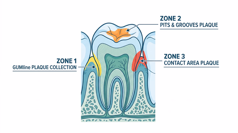 A diagram of a lower molar with three highlighted zones showing where bacterial plaque collects: the gumline, the pits and grooves on the chewing surface, and the contact areas between adjacent teeth