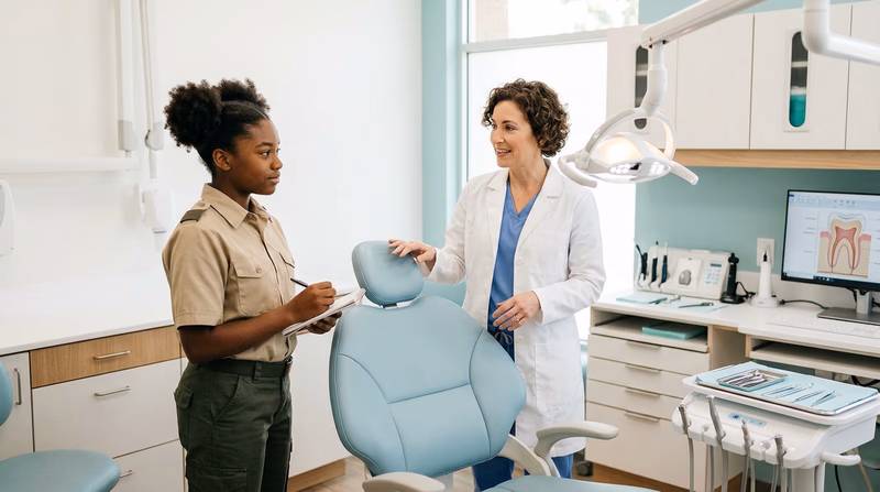A Scout in a clean Scout uniform receiving a tour of a modern dental office, looking at equipment with interest while a dentist in a white coat gestures toward the dental chair and instruments