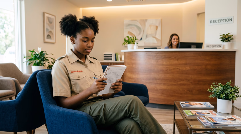 A Scout in a clean Scout uniform sitting in a dental office waiting room, reviewing a small notebook of prepared questions