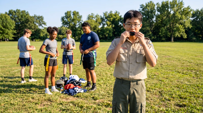 A teenager in a clean Scout uniform putting on a mouth guard before a flag football game, with other Scouts visible in the background on a grassy field