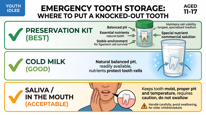 A comparison showing three tooth storage options ranked from best to worst: a tooth preservation kit, a glass of cold milk, and the person's own mouth