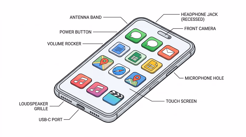 Illustrated smartphone screen showing a grid of colorful app icons organized by category