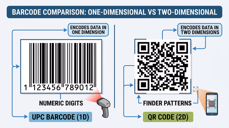 Comparison diagram showing a standard UPC barcode alongside a QR code with structural elements labeled