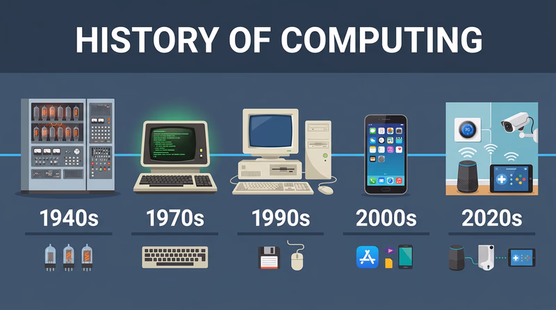 Infographic showing five eras of computing from the 1940s room-sized computers to modern smart home devices