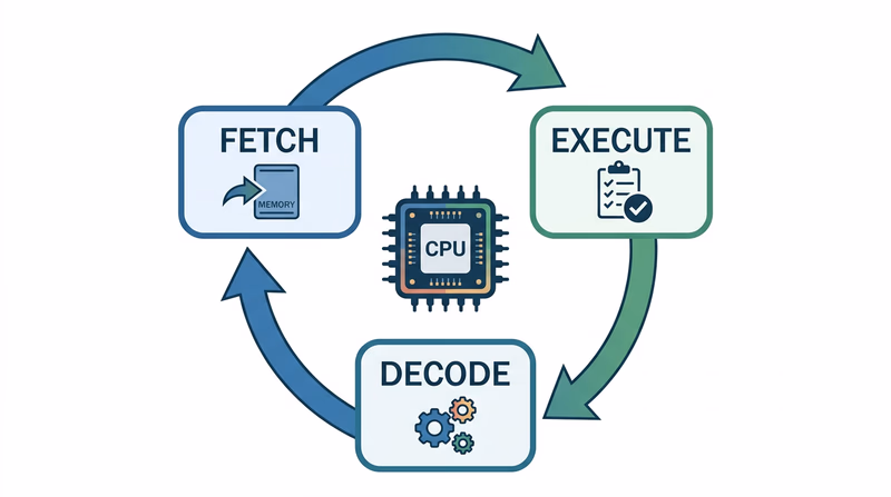 Circular diagram showing the CPU fetch-decode-execute cycle with three stages connected by arrows
