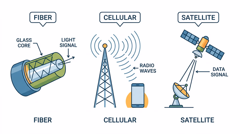 Diagram showing three data transfer methods: fiber-optic cable, cell tower with radio waves, and satellite