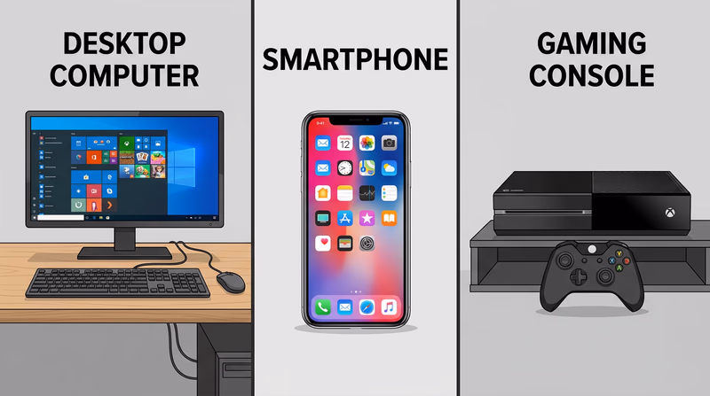 Three devices side by side: a desktop computer, a smartphone, and a gaming console with controller