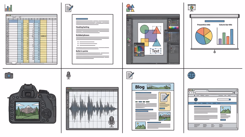 Illustrated collage of eight digital project types: spreadsheet, letter, graphic design, presentation, photography, voice recording, blog, and webpage