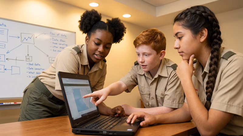 Three teenagers in Scout uniforms gathered around a laptop at a table, one pointing at the screen while the others look engaged
