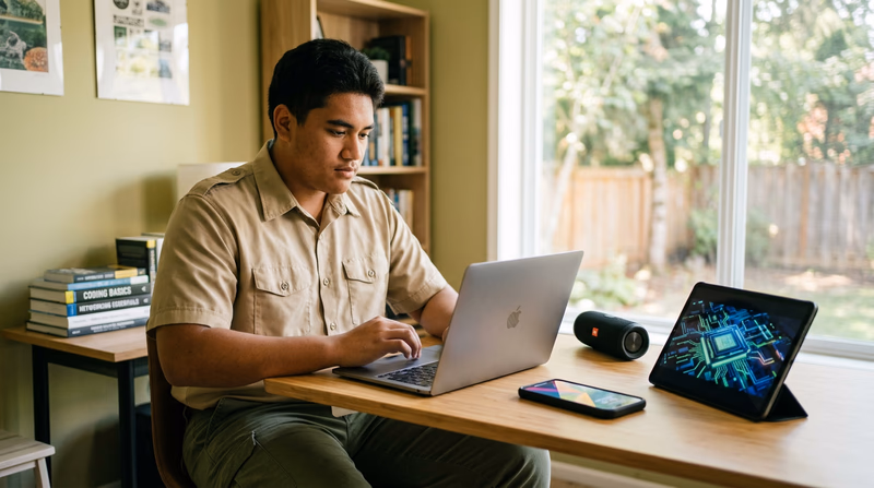 A teenager in a Scout uniform working at a desk with a laptop, smartphone, and tablet, with digital graphics visible on the screens