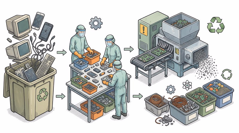 Illustrated four-stage e-waste recycling process: collection, sorting, shredding, and material recovery