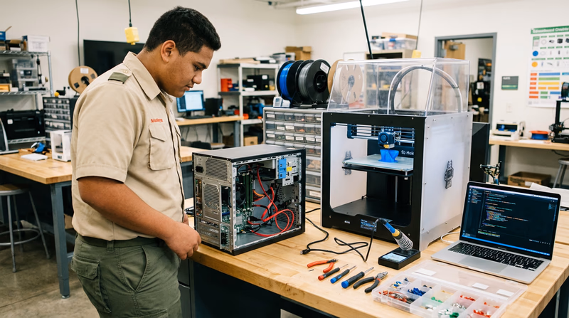 A teenager in a Scout uniform at a maker space workbench with a partially assembled computer, 3D printer, and laptop displaying code