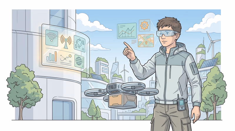 Illustrated scene showing future technology concepts including AR glasses, an autonomous delivery drone, and a flexible transparent screen