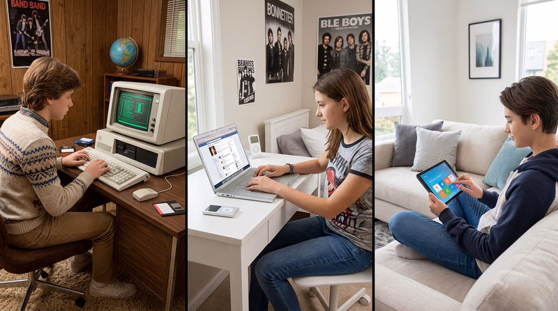 Three scenes comparing technology across generations: a 1980s teenager at a green-screen desktop, a 2000s teenager with a laptop, and a modern teenager using a tablet