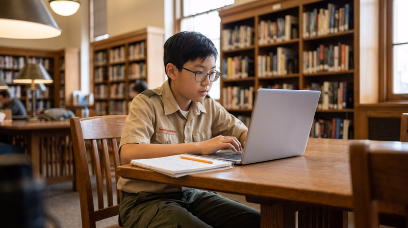 A teenager in a Scout uniform sitting at a library table reading about a technology legal case on a laptop