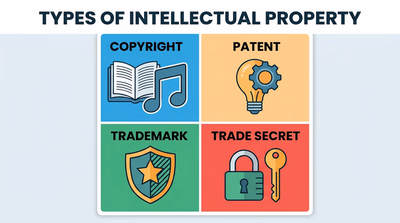 Infographic showing four types of intellectual property: Copyright, Patent, Trademark, and Trade Secret with icons