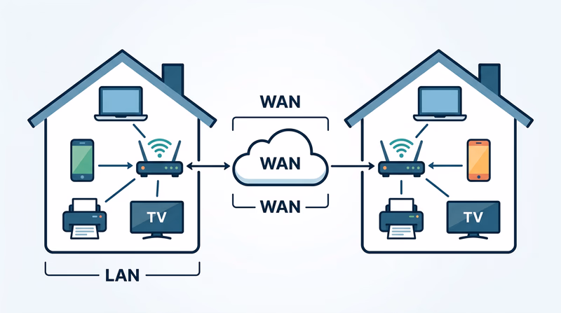 Network diagram showing two houses with devices connected via LAN routers, linked through the internet WAN cloud