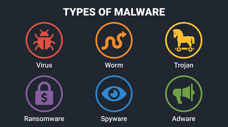 Infographic showing six types of malware: virus, worm, trojan, ransomware, spyware, and adware with icons