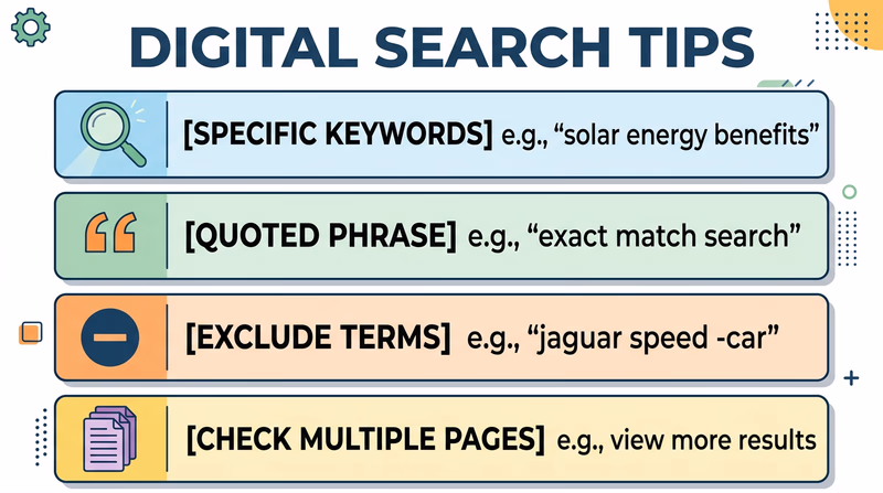 Infographic showing four search tips: specific keywords, quotation marks, minus sign to exclude, and checking multiple pages