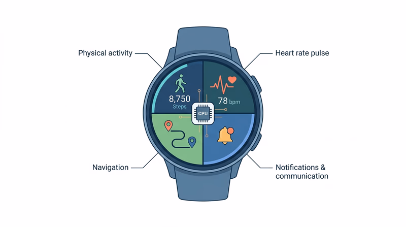 Diagram of a smartwatch face with four quadrants showing fitness tracking, heart rate, GPS navigation, and notifications connected to a central CPU