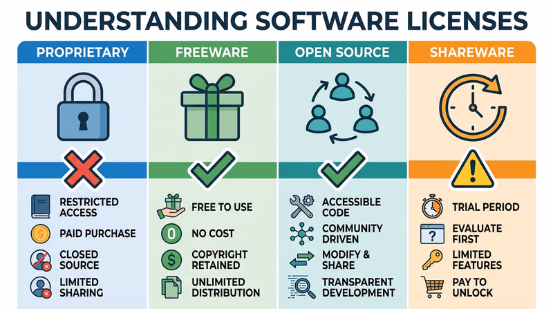 Infographic showing four software license types: Proprietary, Freeware, Open Source, and Shareware with sharing indicators