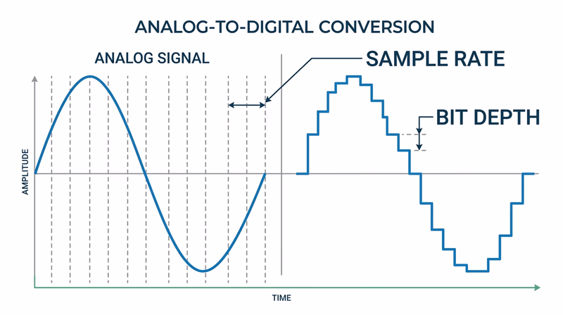 Diagram showing a smooth analog sound wave being converted to a stepped digital representation with sampling points