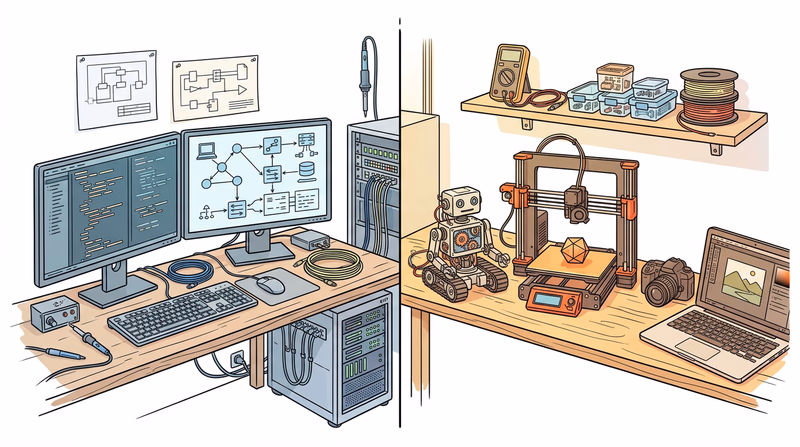Illustrated split scene showing technology career workspace on the left and hobby workspace with robot and 3D printer on the right