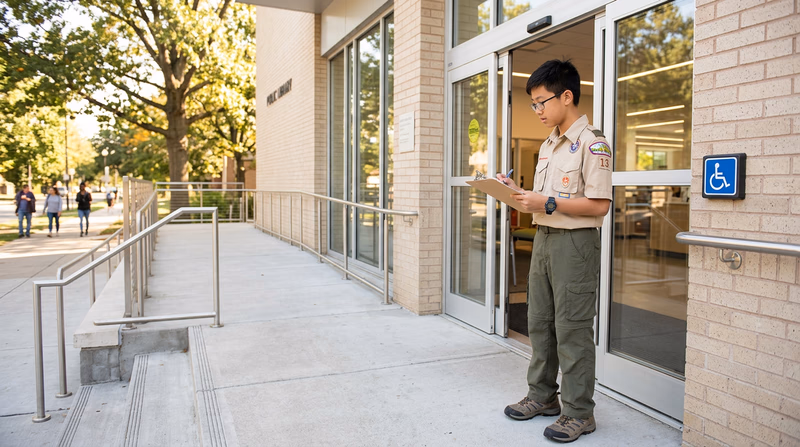 A Scout standing at a building entrance with a clipboard, evaluating the accessibility of a ramp and stairs side by side