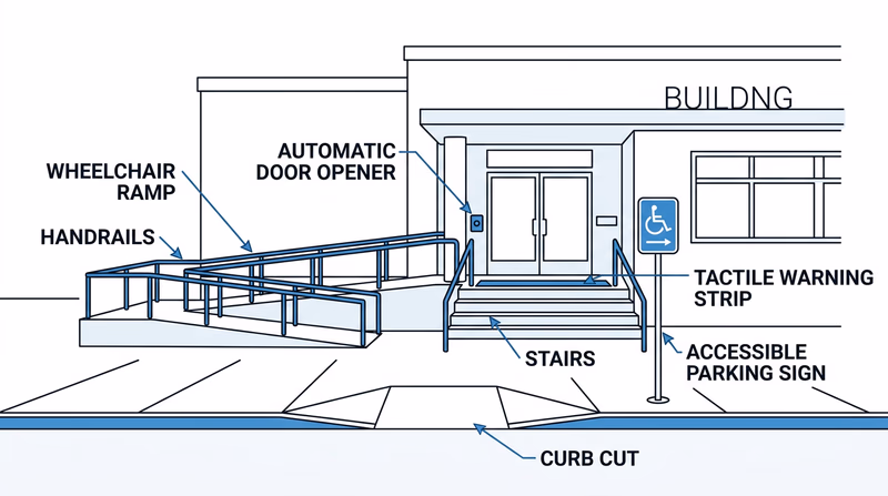 A diagram of a building entrance showing key accessibility features including a wheelchair ramp, automatic door opener, tactile warning strip, accessible parking sign, and curb cut