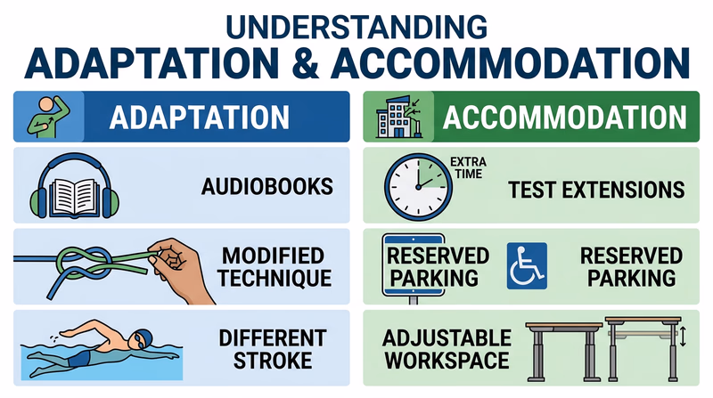 An infographic comparing adaptations and accommodations, with examples of each in a clean two-column layout