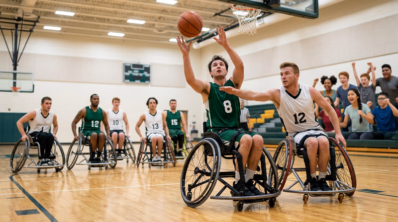A wheelchair basketball game in action, with athletes in sport wheelchairs racing down the court showing intense competitive focus