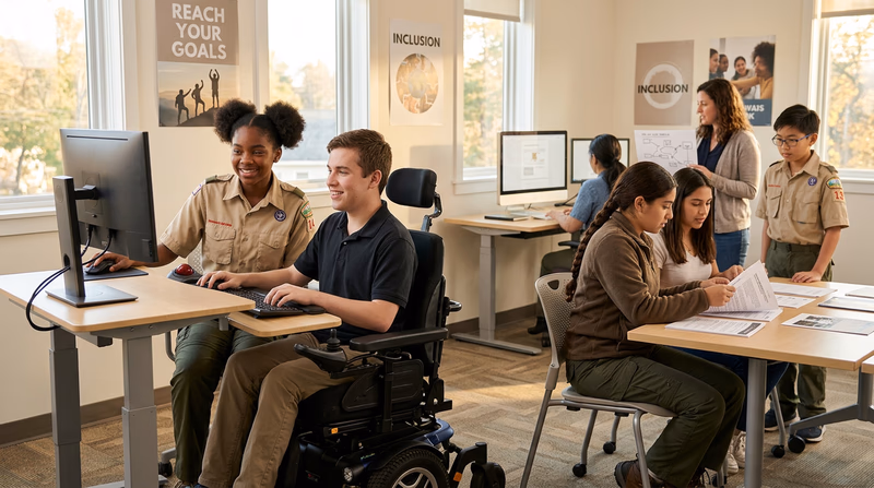 A community center activity room where people with various disabilities are engaged in a job skills training workshop with computers and accessible desks