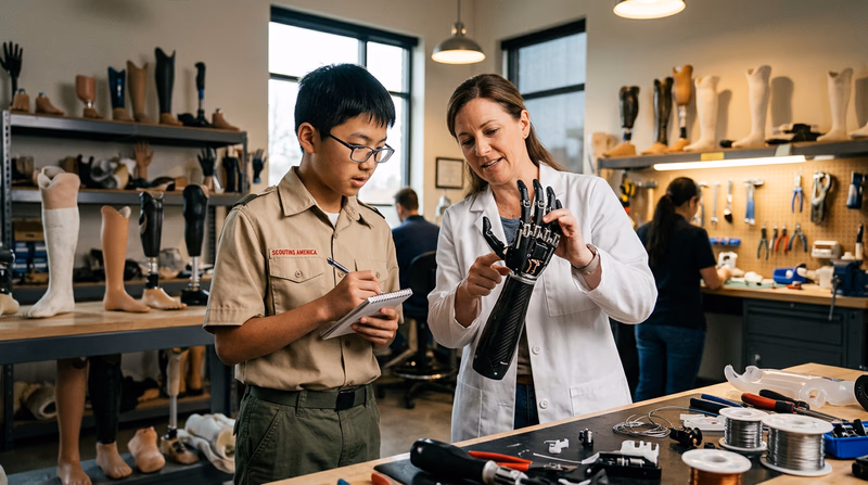 A Scout visiting a prosthetics workshop, observing a prosthetist showing a prosthetic hand while taking notes in a notebook