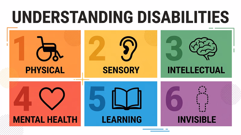 An infographic showing six icons representing the main categories of disabilities: a wheelchair symbol for physical, an ear symbol for sensory, a brain symbol for intellectual, a heart symbol for mental health, a book symbol for learning, and a hidden figure symbol for invisible disabilities