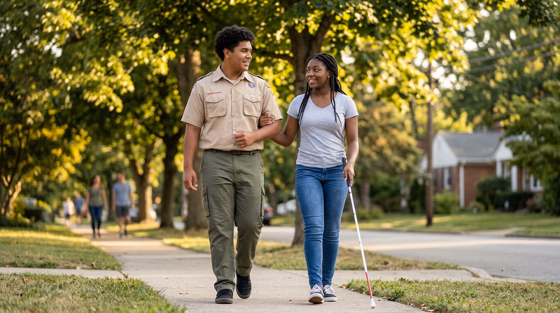 A Scout offering their elbow to a person with a white cane, demonstrating the proper sighted guide technique on a sidewalk