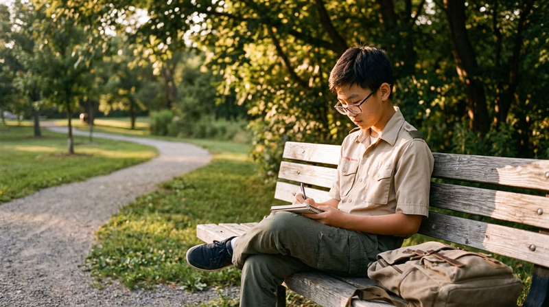 A Scout sitting outdoors on a park bench writing thoughtfully in a journal, with late afternoon light and a peaceful setting
