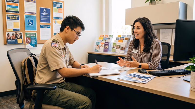 A Scout sitting across a desk from an agency staff member at a disability services organization, taking notes in a notebook
