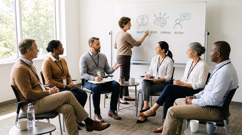Staff members in a training room discussing invisible disability accommodations, with one person at a whiteboard with icons representing different types of invisible disabilities