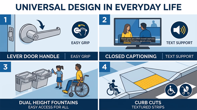 An infographic showing four examples of universal design: a lever door handle, closed captions on a TV screen, a two-height drinking fountain, and a sidewalk curb cut