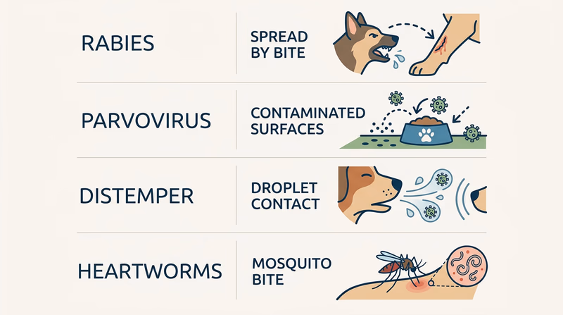 Four-row comparison diagram showing how rabies, parvovirus, distemper, and heartworms spread