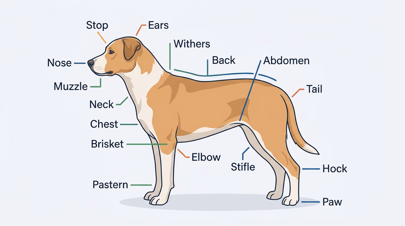 Side-view dog anatomy diagram labeling major external body parts including muzzle, withers, brisket, hock, and paw