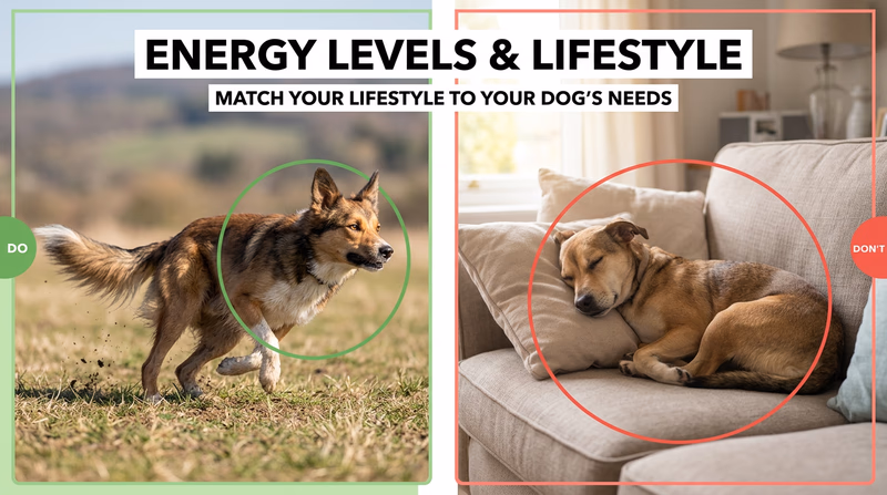 Side-by-side comparison of a high-energy active dog outdoors and a calm lower-energy companion dog resting indoors