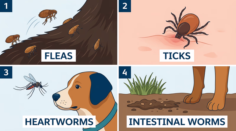 Four-panel diagram showing flea, tick, mosquito, and contaminated-ground parasite transmission routes for dogs