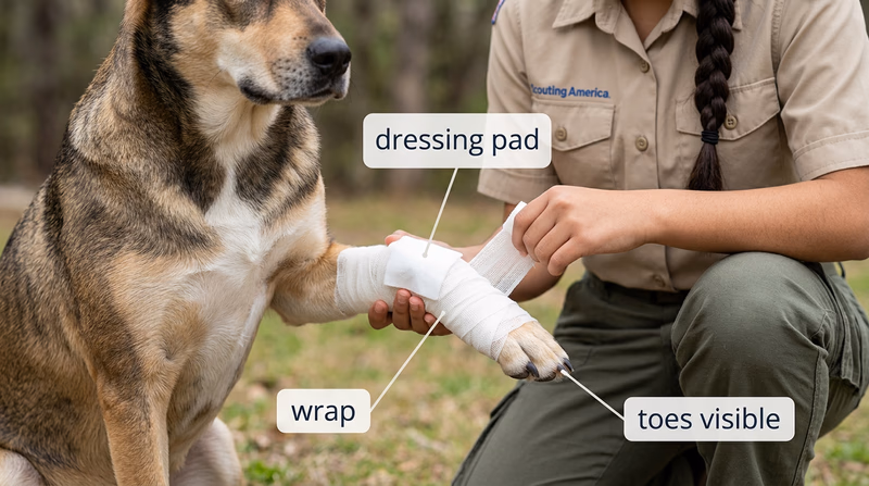 Annotated photo showing a correctly wrapped dog paw bandage with dressing pad, wrap, and toes left visible