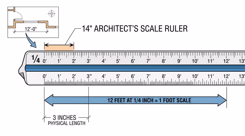 An architect's triangular scale ruler with a close-up view showing how to read the 1/4 inch scale markings
